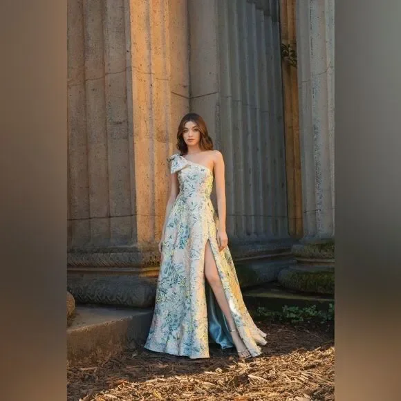 MAC DUGGAL  11919 Multicolor One Shoulder Brocade Floral Dress With Bow - Picture 3 of 16